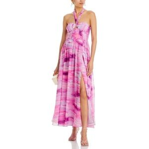 Aqua Chiffon Halter Wrap Dress Maxi Slit Pink White Bloomingdale’s NWT